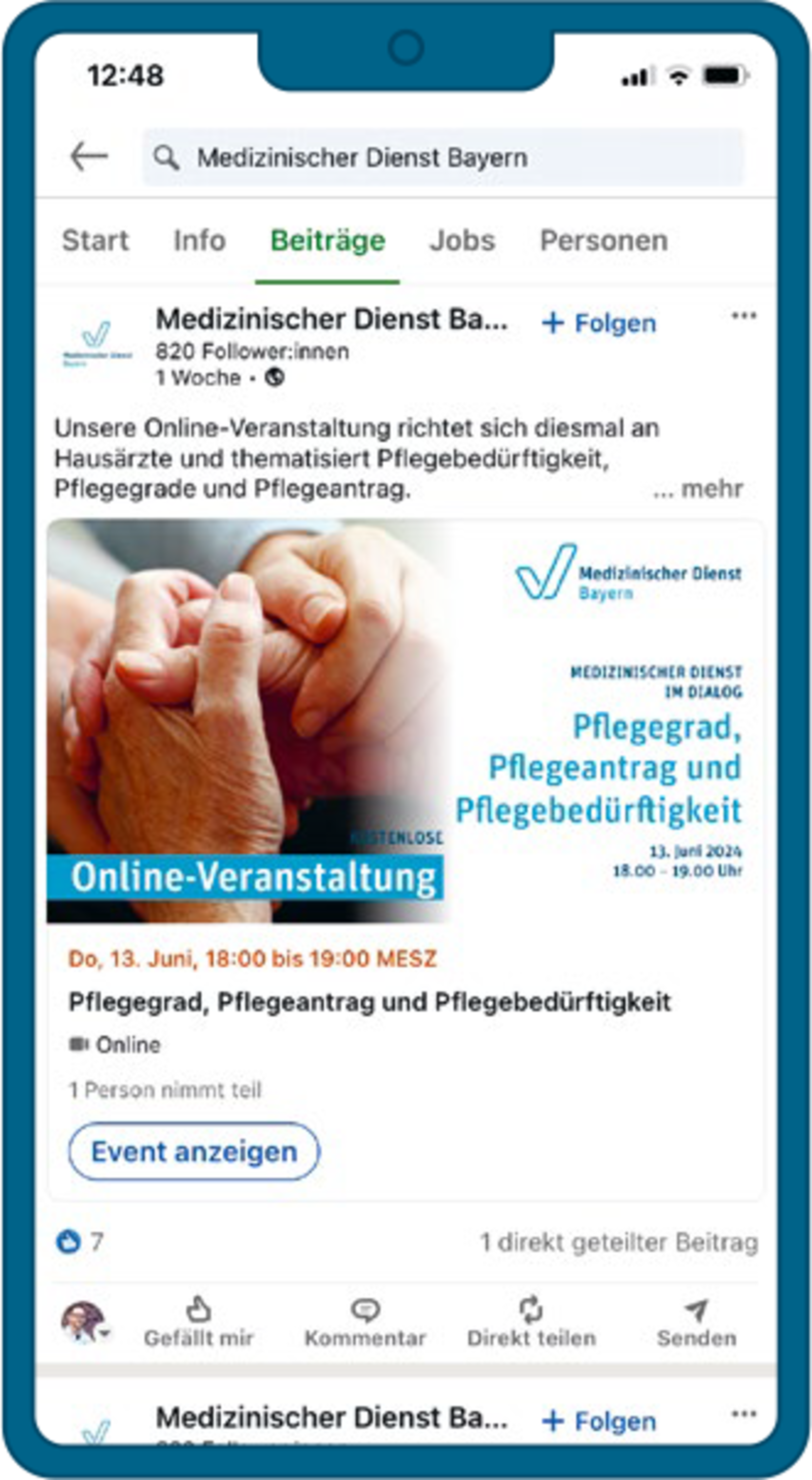 Screenshot Handy-Ansicht: der Medizinische Dienst Bayern bei LinkedIn